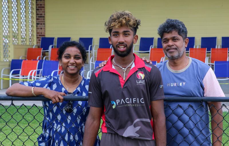 Vriitya Aravind's mum, Sashirekha, and dad, Rudhravel, made it to Texas to see his second ODI century - having also been present when he made his first in Sharjah earlier this year. Courtesy USA Cricket. Photo: USA Cricket