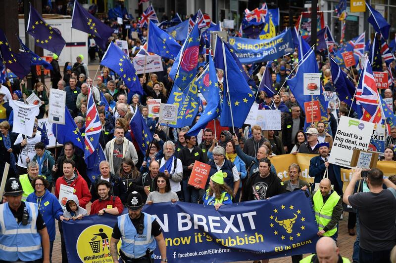 BIRMINGHAM, ENGLAND - SEPTEMBER 30:  Demonstrators take part in a protest against Brexit during the annual Conservative Party Conference on September 30, 2018 in Birmingham, England. The Conservative Party Conference 2018 is taking place at Birmingham's International Convention Centre (ICC) from September 30 to October 3.  (Photo by Jeff J Mitchell/Getty Images)