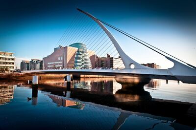 Samuel Beckett Bridge over the River Liffey with the Convention Centre, Dublin.