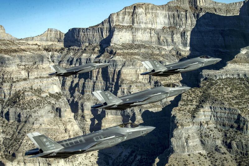 A formation of U.S. Air Force F-35 Lightning II fighter jets perform aerial maneuvers during as part of a combat power exercise over Utah Test and Training Range, Utah, U.S. November 19, 2018. Picture taken November 19, 2018. U.S. Air Force/Staff Sgt. Cory D. Payne/Handout via REUTERS. ATTENTION EDITORS - THIS IMAGE WAS PROVIDED BY A THIRD PARTY