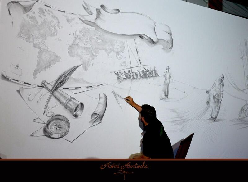 Rémi sketches out his giant Mural at Abu Dhabi’s Volvo Ocean Race Destination Village. Courtesy BM