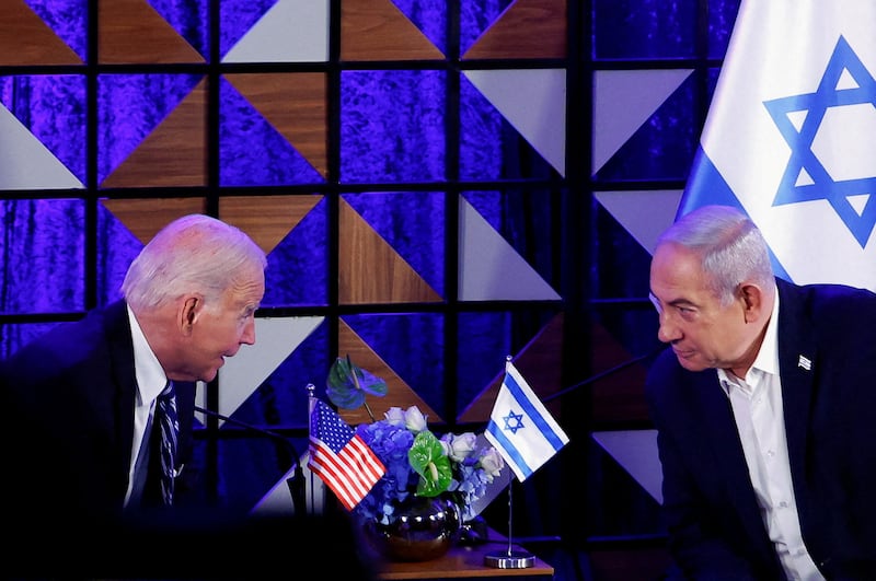 Joe Biden meets Benjamin Netanyahu in Tel Aviv, Israel, on October 18, 2023. Reuters