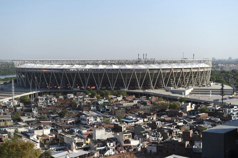 This photograph taken on April 3, 2020 shows a general view of the Sardar Patel Stadium, the world's biggest cricket stadium, during a government-imposed nationwide lockdown as a preventive measure against the COVID-19 coronavirus, in Motera on the outskirts of Ahmedabad. - There is no larger symbol of the global sports shutdown than cricket's 110,000-seater Sardar Patel Stadium in Ahmedabad, opened by US President Donald Trump in February 2020, but yet to see a ball bowled. India's newest -- and the world's biggest -- cricket stadium lies silent because of the COVID-19 coronavirus pandemic. (Photo by SAM PANTHAKY / AFP) / TO GO WITH AFP STORY Cricket-IND-stadium-virus-health by Faisal KAMAL