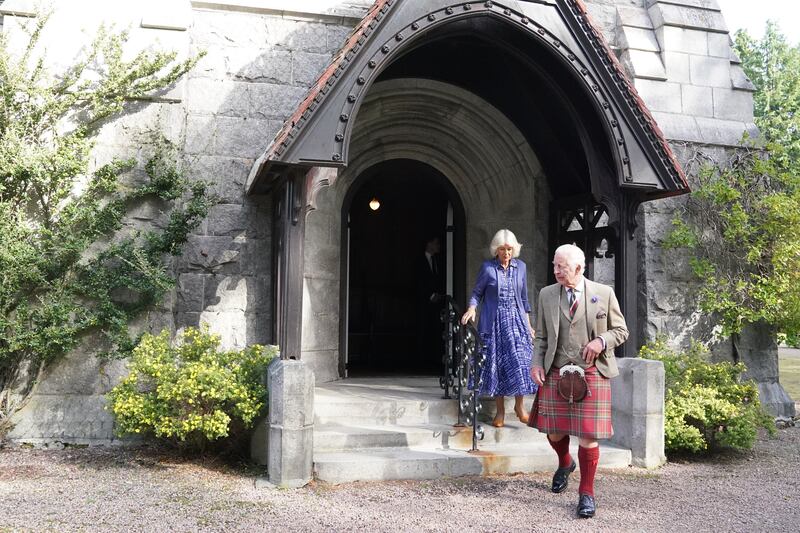 King Charles and Queen Consort Camilla leave Crathie Parish Church. PA