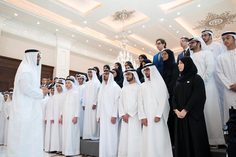 ABU DHABI, UNITED ARAB EMIRATES - July 17, 2019: HH Sheikh Mohamed bin Zayed Al Nahyan, Crown Prince of Abu Dhabi and Deputy Supreme Commander of the UAE Armed Forces (L) speaks with the honors and outstanding students of Grade 12 and their parents, at Al Bateen Palace.

( Mohamed Al Hammadi / Ministry of Presidential Affairs )
---