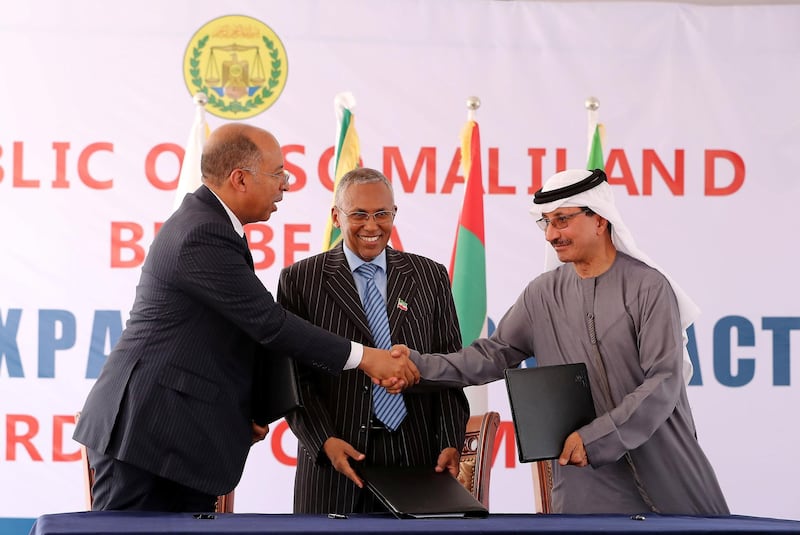 HARGEISA , SOMALILAND,  October 11 , 2018 :-  Left to Right - Abdu Shamakh Al Shebani , CEO , Shafa Al Wahda Contracting Company , Saad Ali Shire , Foreign Minister of Somaliland ,  Sultan Bin Sulayem , Chairman & Group CEO DP World  during the Berbera Port Expansion contract awarding ceremony at the Presidential Palace in Hargeisa in Somaliland.  ( Pawan Singh / The National )  For News. Story by Charlie