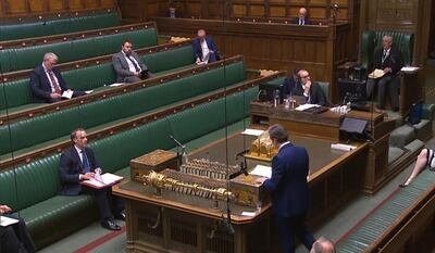 A video grab from footage broadcast by the UK Parliament's Parliamentary Recording Unit (PRU) shows Britain's main opposition Labour Party leader Keir Starmer standing and speaking during Prime Minister's Question time (PMQs) in the House of Commons in London on April, 2020, as parliament resumes with social distancing measure in place, and some MPs taking part remotely by videolink, due to the novel coronavirus COVID-19 pandemic.  - RESTRICTED TO EDITORIAL USE - MANDATORY CREDIT " AFP PHOTO / PRU " - NO USE FOR ENTERTAINMENT, SATIRICAL, MARKETING OR ADVERTISING CAMPAIGNS
 / AFP / PRU / - / RESTRICTED TO EDITORIAL USE - MANDATORY CREDIT " AFP PHOTO / PRU " - NO USE FOR ENTERTAINMENT, SATIRICAL, MARKETING OR ADVERTISING CAMPAIGNS
