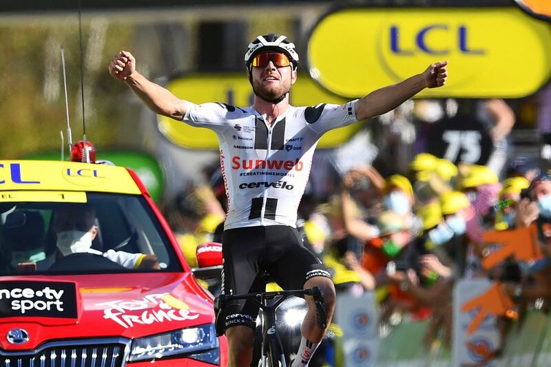 Switzerland's Marc Hirschi celebrates after winning Stage 12 of the Tour de France on Thursday, September 10. AP