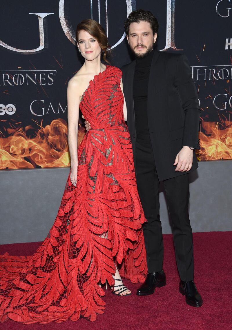 Rose Leslie (Ygritte), left, and Kit Harington (Jon Snow) arrive for the 'Game of Thrones' final season premiere at Radio City Music Hall on April 3, 2019 in New York. AP