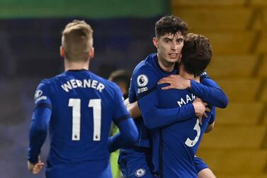 Soccer Football - Premier League - Chelsea v Everton - Stamford Bridge, London, Britain - March 8, 2021 Chelsea's Kai Havertz celebrates scoring their first goal Marcos Alonso Pool via REUTERS/Glyn Kirk EDITORIAL USE ONLY. No use with unauthorized audio, video, data, fixture lists, club/league logos or 'live' services. Online in-match use limited to 75 images, no video emulation. No use in betting, games or single club /league/player publications. Please contact your account representative for further details.