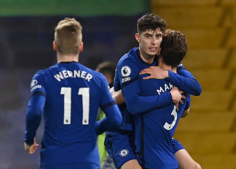 Soccer Football - Premier League - Chelsea v Everton - Stamford Bridge, London, Britain - March 8, 2021 Chelsea's Kai Havertz celebrates scoring their first goal Marcos Alonso Pool via REUTERS/Glyn Kirk EDITORIAL USE ONLY. No use with unauthorized audio, video, data, fixture lists, club/league logos or 'live' services. Online in-match use limited to 75 images, no video emulation. No use in betting, games or single club /league/player publications.  Please contact your account representative for further details.