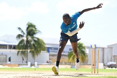 BRIDGETOWN, BARBADOS - MARCH 14: Jofra Archer of England bowls during a nets session at Kensington Oval on March 14, 2022 in Bridgetown, Barbados. (Photo by Gareth Copley / Getty Images)