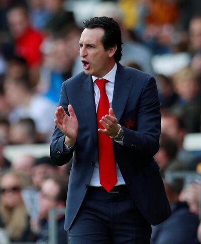 Soccer Football - Premier League - Fulham v Arsenal - Craven Cottage, London, Britain - October 7, 2018  Arsenal manager Unai Emery reacts during the match                   Action Images via Reuters/Andrew Couldridge  EDITORIAL USE ONLY. No use with unauthorized audio, video, data, fixture lists, club/league logos or "live" services. Online in-match use limited to 75 images, no video emulation. No use in betting, games or single club/league/player publications.  Please contact your account representative for further details.
