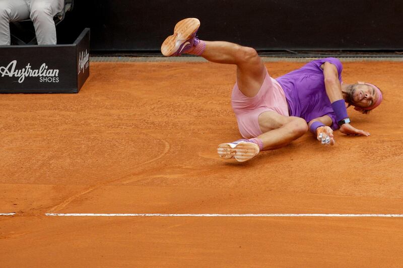 Rafael Nadal after tripping over a lifted line on the court. AP