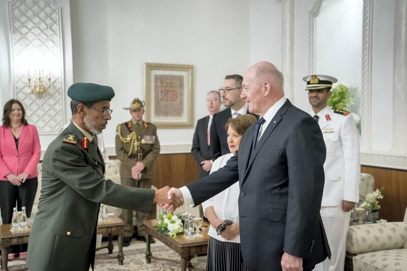 ABU DHABI, UNITED ARAB EMIRATES - October 01, 2017: HE Lt General Hamad Thani Al Romaithi, Chief of Staff UAE Armed Forces (L), greets His Excellency General the Honourable Sir Peter Cosgrove, Governor-General of Australia (R), during a reception at Mushrif Palace. 

( Rashed Al Mansoori / Crown Prince Court - Abu Dhabi )
---