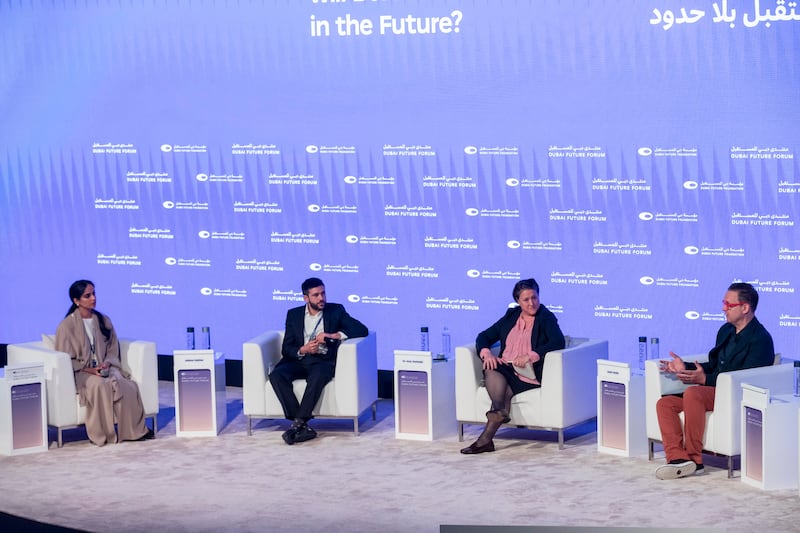 From left, Dubai Abulhoul, Joshua Polcher, Dr Amy Hochadel and moderator Scott Smith at the 'Will borders be eelevant in the future?' panel discussion. Antonie Robertson / The National
