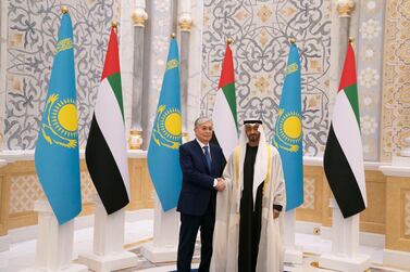 Sheikh Mohamed bin Zayed, Crown Prince of Abu Dhabi and Deputy Supreme Commander of the Armed Forces, meets Kassym-Jomart Tokayev, President of Kazakhstan, in Abu Dhabi on Monday. Courtesy Sheikh Mohamed bin Zayed Twitter