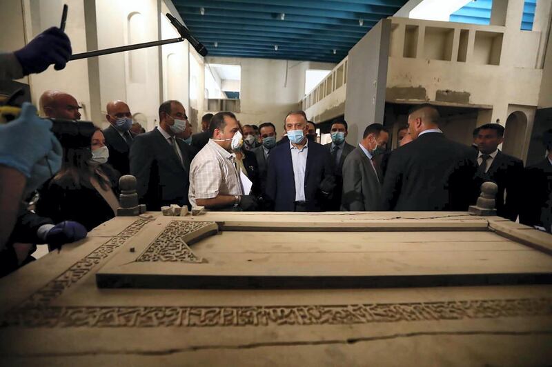 Prime Minister Mustafa Al Kadhimi tours Mosul Museum during a visit to the city six years after ISIS captured it. Iraqi PM Media Office HO