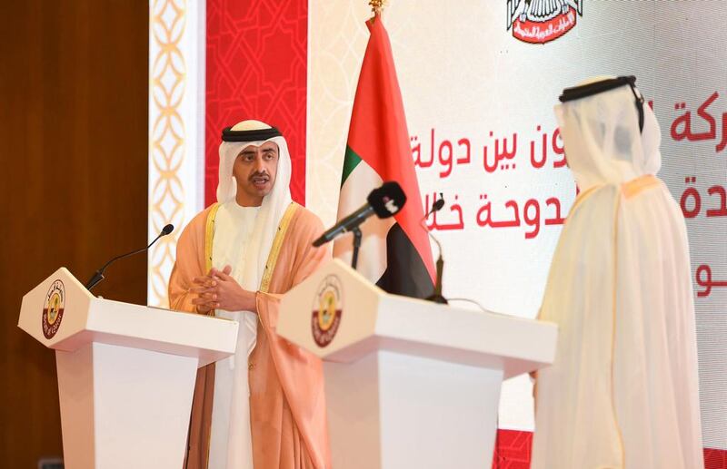 Sheikh Abdullah bin Zayed, Minister of Foreign Affairs and Sheikh Mohammed bin Abdul Rahman Al Thani, Foreign Minister of Qatar at the sixth session of the joint higher committee between the UAE and Qatar. Wam