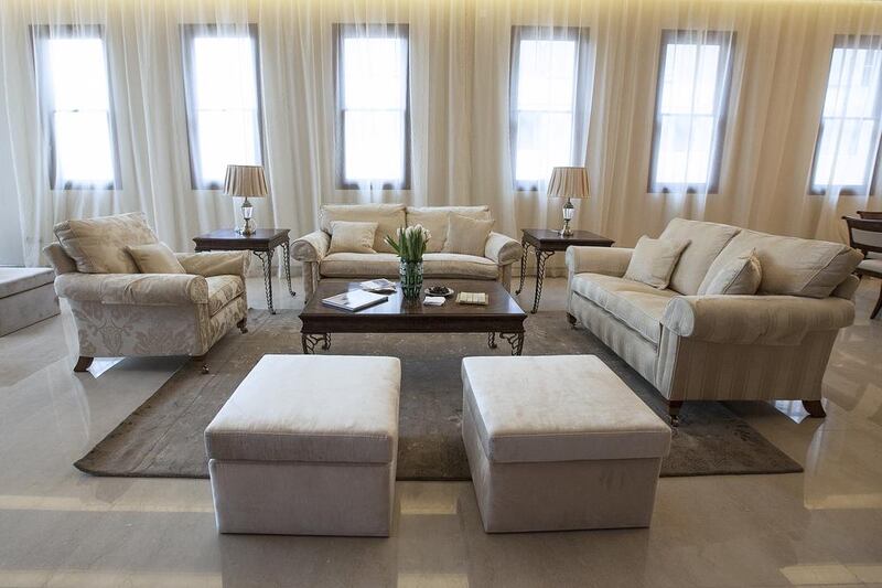 The formal living area in type 3C. The largest villas, dubbed “beach palaces” by the developer, comprise just over 29,000 square feet. Mona Al Marzooqi / The National