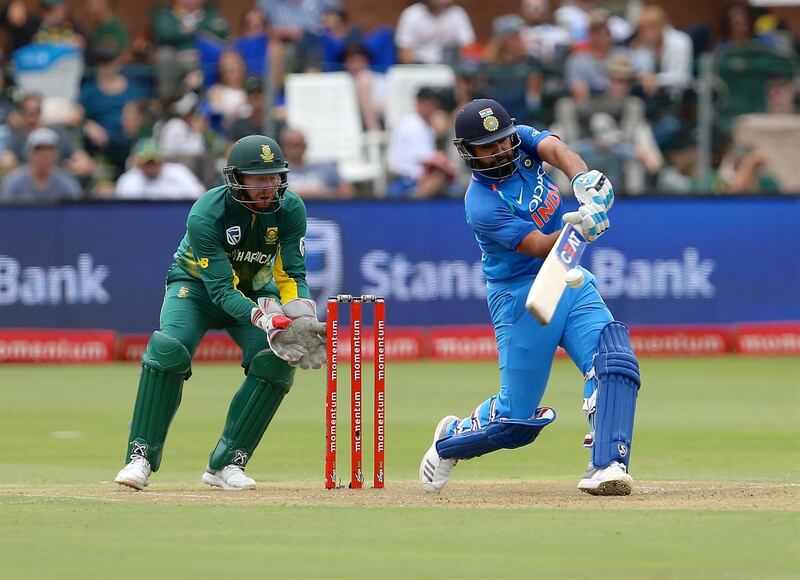 PORT ELIZABETH, SOUTH AFRICA - FEBRUARY 13: Heinrich Klaasen or South Africa and Rohit Sharma of India during the 5th Momentum ODI match between South Africa and India at St Georges Park on February 13, 2018 in Port Elizabeth, South Africa. (Photo by Richard Huggard/Gallo Images/Getty Images)