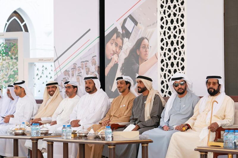 ABU DHABI, UNITED ARAB EMIRATES - March 11, 2019: (R-L) HH Sheikh Tahnoon bin Mohamed Al Nahyan, Ruler's Representative in Al Ain Region, HH Sheikh Hamdan bin Zayed Al Nahyan, Ruler’s Representative in Al Dhafra Region, HH Sheikh Nahyan Bin Zayed Al Nahyan, Chairman of the Board of Trustees of Zayed bin Sultan Al Nahyan Charitable and Humanitarian Foundation, HH Sheikh Mansour bin Zayed Al Nahyan, UAE Deputy Prime Minister and Minister of Presidential Affairs, HH Sheikh Saeed bin Mohamed Al Nahyan, HH Sheikh Hamed bin Zayed Al Nahyan, Chairman of the Crown Prince Court of Abu Dhabi and Abu Dhabi Executive Council Member, attend a Sea Palace barza. 

( Ryan Carter for the Ministry of Presidential Affairs)
---