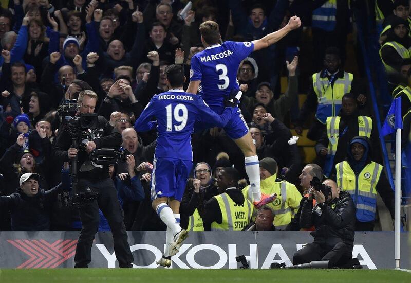 Chelsea’s Marcos Alonso celebrates scoring their second goal. Hannah McKay / Reuters