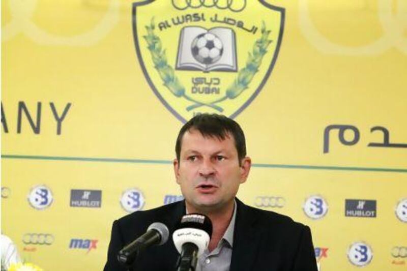 Laurent Banide speaks to the media after he was presented as the new manager of Al Wasl last month. Jaime Puebla / The National