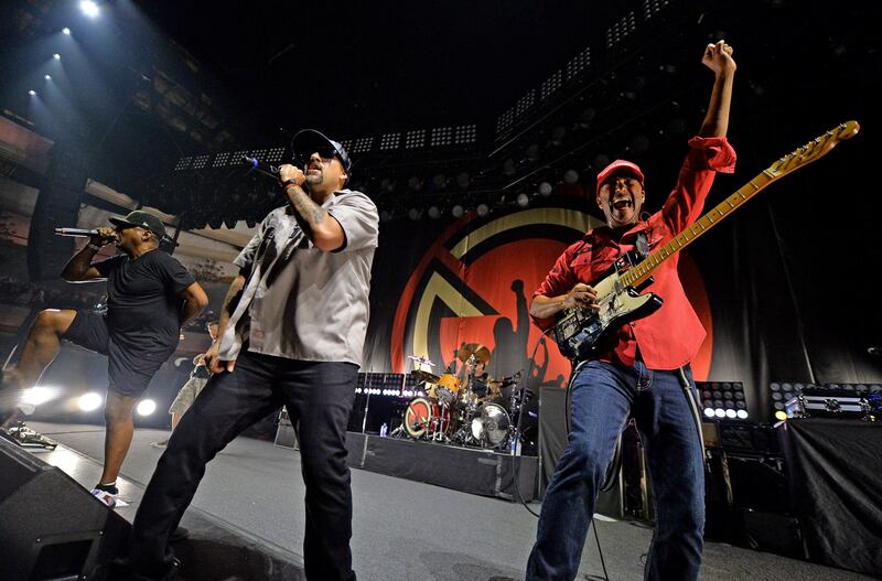 LOS ANGELES, CA - JUNE 03:  Recording artists Chuck D, B-Real and Tom Morello of Prophets of Rage perform onstage at Hollywood Palladium on June 3, 2016 in Los Angeles, California.  (Photo by Kevin Winter/Getty Images)