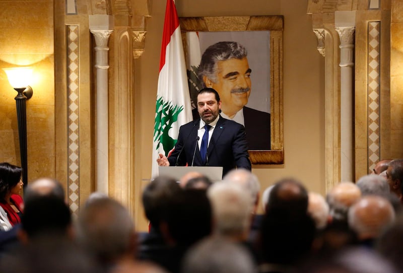 Lebanese Prime Minister-designate Saad Hariri, speaks during a press conference, in Beirut, Lebanon, Tuesday, Nov. 13, 2018. Hariri accused Hezbollah of hindering the formation of a new government six months after parliamentary elections. He said the Shiite militant group bears full responsibility for the consequences, including Lebanon's flagging economy. (AP Photo/Hussein Malla)