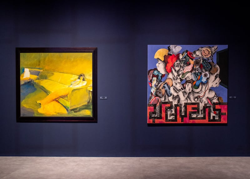 Works by Jaber Alwan, left, and Ahmed Alsoudani. Victor Besa / The National