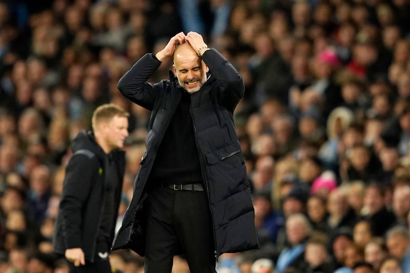 Manchester City's head coach Pep Guardiola rues a missed chance. AP