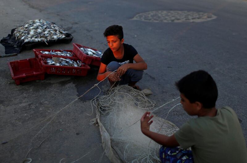 Palestinian boys remove crabs from a net as they sell them at Al-Shati refugee camp in Gaza City.  Reuters