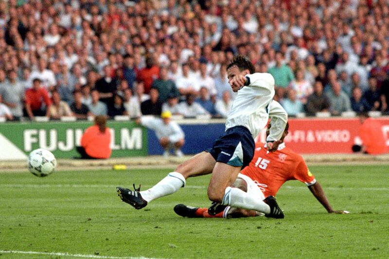 Teddy Sheringham scores for England  (Photo by Laurence Griffiths/EMPICS via Getty Images)