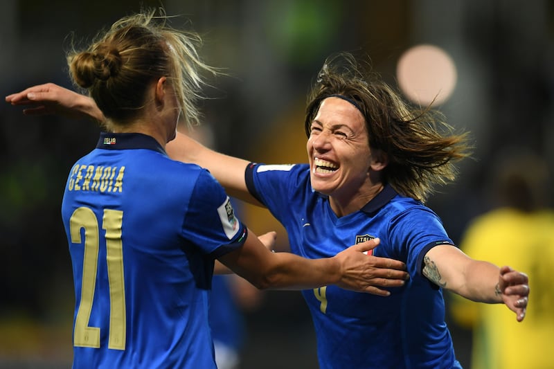 Italy's Daniela Sabatino celebrates scoring in a 5-0 victory against Lithuania in a Women's World Cup qualifier in Parma. Getty