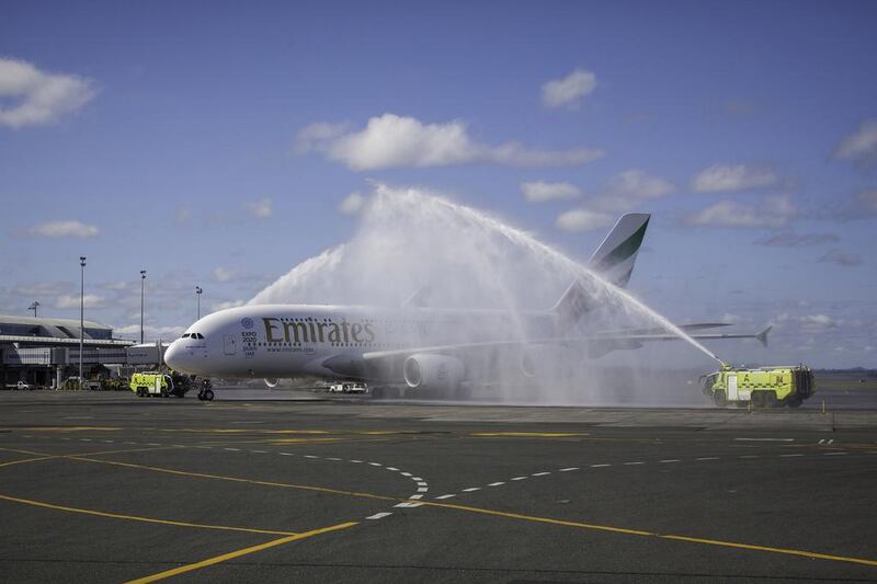 The first direct flight to Auckland was operated by an A380 aircraft and was received with a traditional water canon salute after touchdown in Auckland. Courtesy Emirates