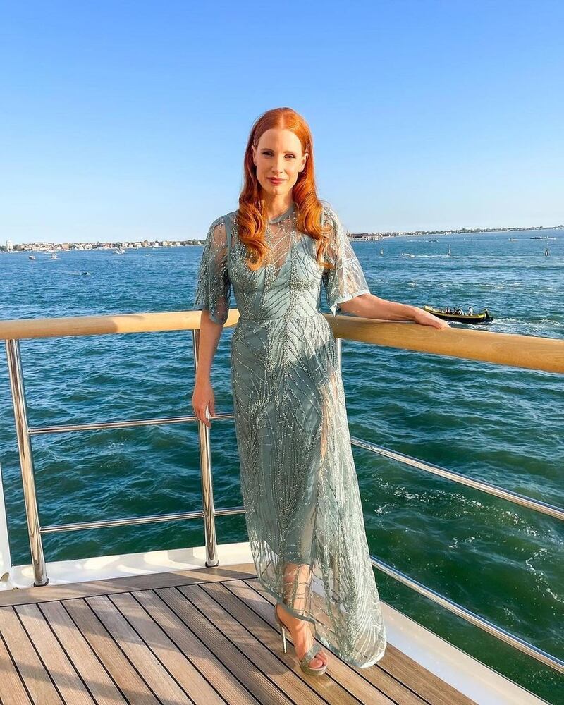 Jessica Chastain in an ice blue embellished Elie Saab gown for a screening of 'The Hand of God' at the 78th Venice International Film Festival. Getty Images