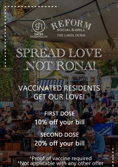 Reform Social and Grill is one of three Gates Hospitality restaurants to offer discount to customers who have received the Covid-19 vaccination. Instagram / reformdubai