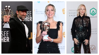 ‘Coda’ stars Troy Kotsur, winning Best Supporting Actor at the Critics Choice Awards; Sian Heder with the Bafta for Best Adapted Screenplay; Marlee Matlin at the Producers Guild Awards, where the film won the DarryL F Zanuck Award for Outstanding Producer of Theatrical Motion Pictures. Getty Images; AFP