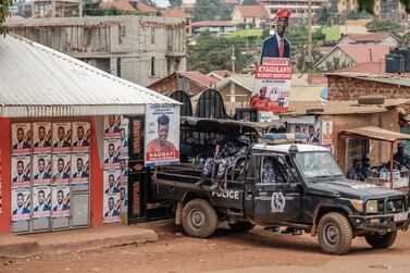 A patrol car of the Ugandan police is seen stationed outside the headquarters of the Uganda oppposition party National Unity Platform (NUP) on January 20, 2021. AFP