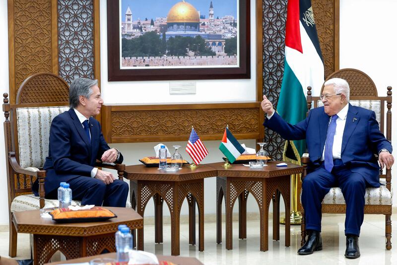 US Secretary of State Antony Blinken, left, meets Palestinian President Mahmoud Abbas, during his week-long trip aimed at calming tensions in the Middle East, in Ramallah in the Israeli-occupied West Bank. AFP