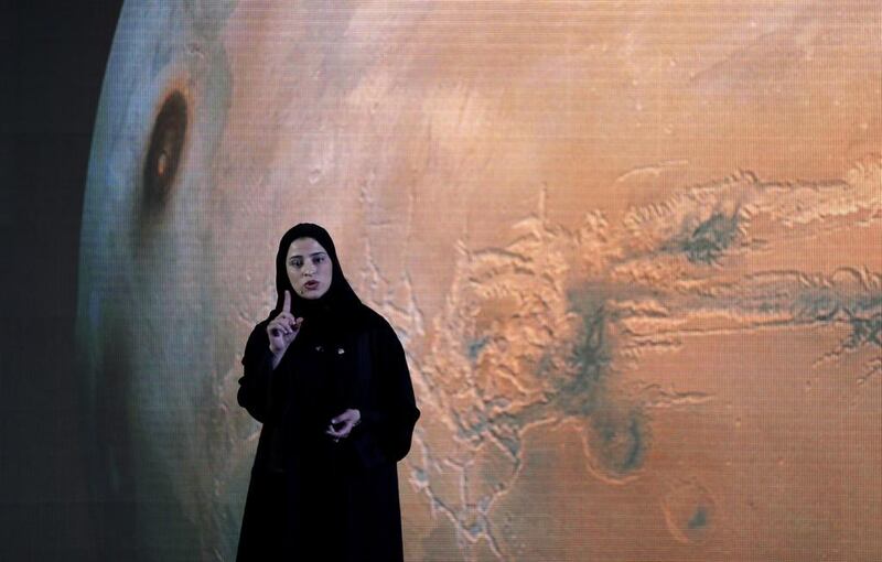 Sarah Amiri, deputy project manager and science lead of the UAE mission to Mars, addresses the ceremony that unveiled the programme details on Wednesday in Dubai. Kamran Jebreili / AP Photo