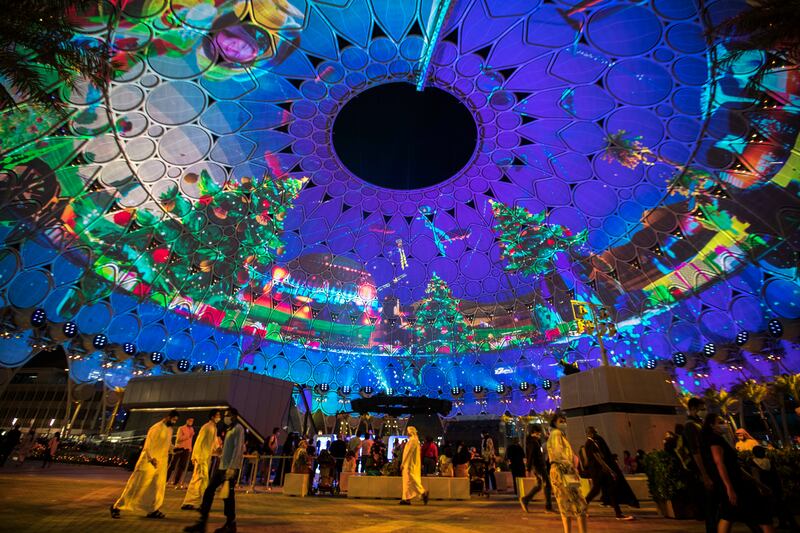 Al Wasl dome with Christmas with Christmas presentation at EXPO 2020 Dubai.  Leslie Pableo for The National