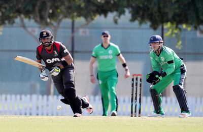 DUBAI , UNITED ARAB EMIRATES , JAN 11 – 2018 :- Rameez Shahzad of UAE playing a shot during the one day international cricket match between UAE vs Ireland held at ICC Academy in Dubai Sports City in Dubai. He scored 75 runs in this match. (Pawan Singh / The National) For Sports. Story by Paul Radley
