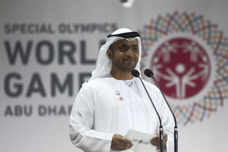 ABU DHABI, UNITED ARAB EMIRATES - March 21, 2019: Khalfan Al Mazrouei, Managing Director at Special Olympics World Games Abu Dhabi 2019? (C), delivers a speech on behalf of HH Sheikha Maryam bint Mohamed bin Zayed Al Nahyan, during the closing ceremony of the Special Olympics World Games Abu Dhabi 2019, at Zayed Sports City. ?
( Ryan Carter for the Ministry of Presidential Affairs )
---