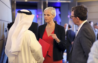 DUBAI , UNITED ARAB EMIRATES , NOV 21   – 2017 :- Janecke Aarnaes , Head of Dwight School Dubai talking to guests before the announcement about opening of Dwight School Dubai held at W hotel in Dubai. (Pawan Singh / The National) Story by Nick Webster