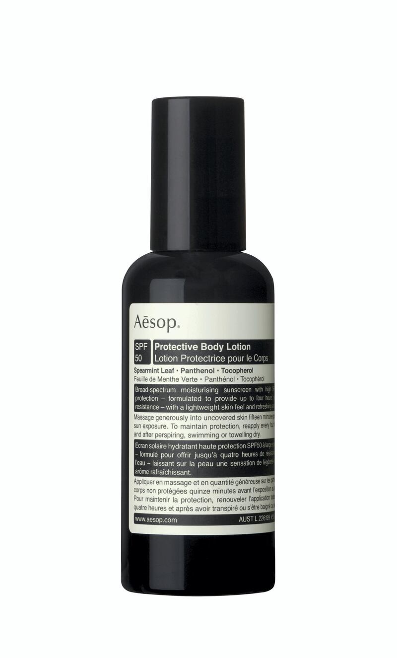 <p>Don&#39;t forget to look after your skin every day, try this SPF50&nbsp;Protective Body Lotion;&nbsp;Dh150, Aesop</p>
