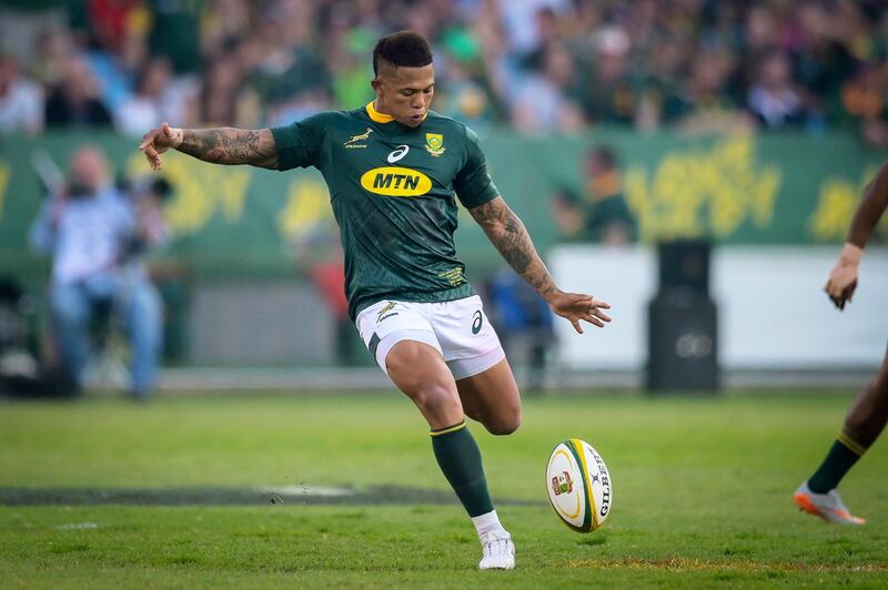 epa07778138 Elton Jantjies of South Africa in action during the 2019 Castle Lager RWC Warm Up match between South Africa and Argentina at Loftus Versfeld in Pretoria, South Afriica, 17 August 2019.  EPA/WILLEM LOOCK