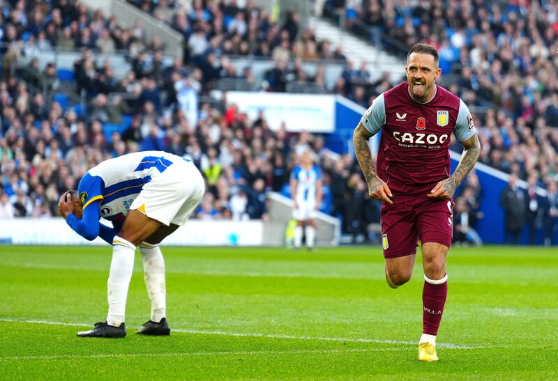 Aston Villa's Danny Ings celebrates scoring their winner in the 2-1 Premier League victory against Brighton & Hove Albion at the Amex Stadium on November 13, 2022. PA 