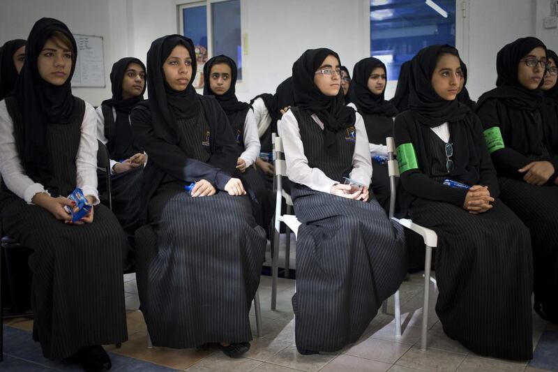 A class of 10th grade students from the Al Hamham School listen to Tracey Arseneault (unseen). Stray cats are routinely tortured, or sometimes deliberately run over by drivers. These are problems not unique to the Northern Emirates, but they are much more likely to be prevalent when people are not raised with animals and find it difficult to appreciate their suffering.